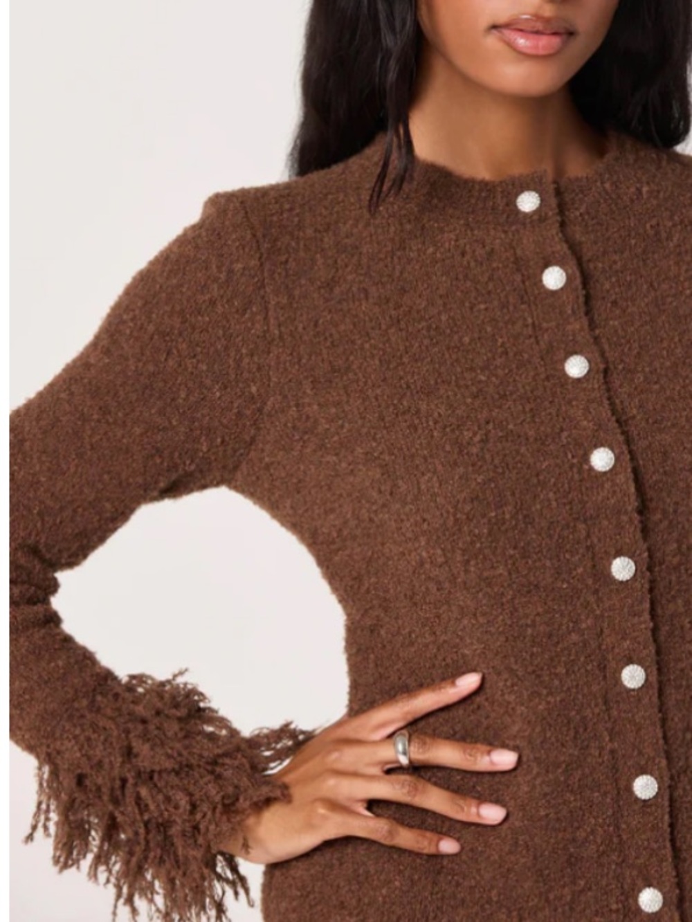 ASTR Brown Fringe-Cuff Button Cardigan Size L - Picture 5 of 16